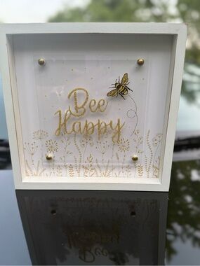 Bee Happy Gold Glitter Wall Art - White Frame💛🖤💛